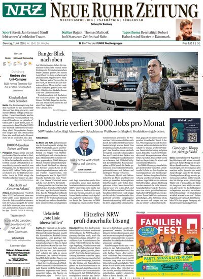 Titelbild der Ausgabe 154/2026 von NRZ Neue Ruhr Zeitung Duisburg. Diese Zeitschrift und viele weitere Zeitungsabos als Abo oder epaper bei United Kiosk online kaufen.