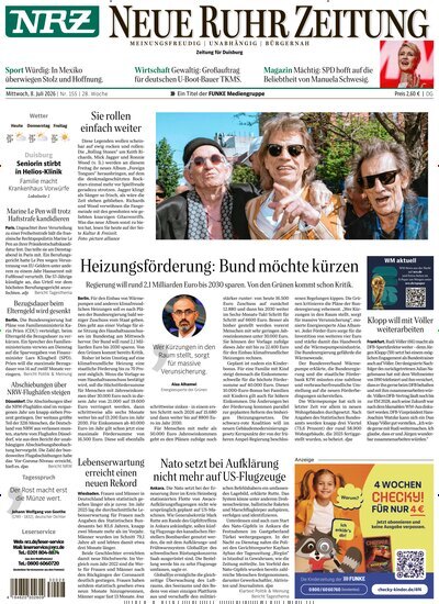 Titelbild der Ausgabe 155/2026 von NRZ Neue Ruhr Zeitung Duisburg. Diese Zeitschrift und viele weitere Zeitungsabos als Abo oder epaper bei United Kiosk online kaufen.
