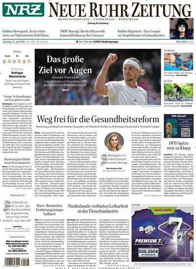 Titelbild der Ausgabe 158/2026 von NRZ Neue Ruhr Zeitung Duisburg. Diese Zeitschrift und viele weitere Zeitungsabos als Abo oder epaper bei United Kiosk online kaufen.