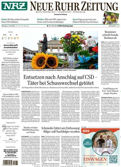 Titelbild der Ausgabe 171/2026 von NRZ Neue Ruhr Zeitung Duisburg. Diese Zeitschrift und viele weitere Zeitungsabos als Abo oder epaper bei United Kiosk online kaufen.