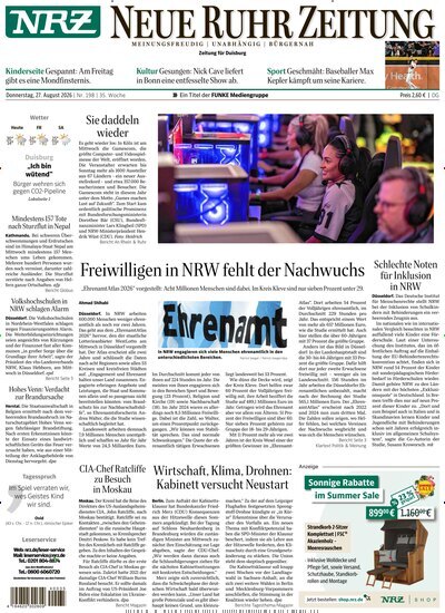 Titelbild der Ausgabe 198/2026 von NRZ Neue Ruhr Zeitung Duisburg. Diese Zeitschrift und viele weitere Zeitungsabos als Abo oder epaper bei United Kiosk online kaufen.