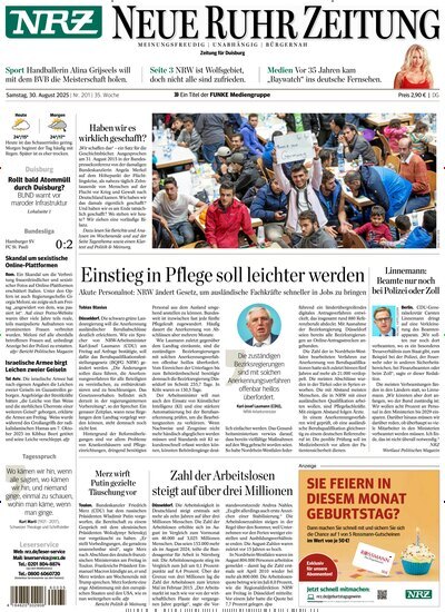 Titelbild der Ausgabe 201/2025 von NRZ Neue Ruhr Zeitung Duisburg. Diese Zeitschrift und viele weitere Zeitungsabos als Abo oder epaper bei United Kiosk online kaufen.