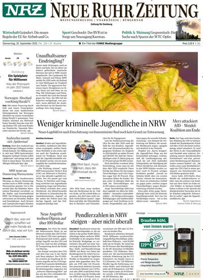 Titelbild der Ausgabe 210/2026 von NRZ Neue Ruhr Zeitung Duisburg. Diese Zeitschrift und viele weitere Zeitungsabos als Abo oder epaper bei United Kiosk online kaufen.