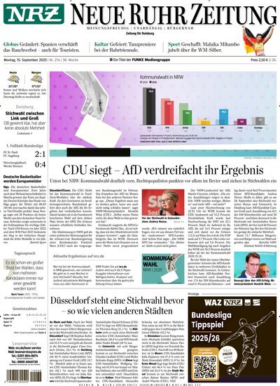 Titelbild der Ausgabe 214/2025 von NRZ Neue Ruhr Zeitung Duisburg. Diese Zeitschrift und viele weitere Zeitungsabos als Abo oder epaper bei United Kiosk online kaufen.