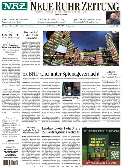 Titelbild der Ausgabe 232/2026 von NRZ Neue Ruhr Zeitung Duisburg. Diese Zeitschrift und viele weitere Zeitungsabos als Abo oder epaper bei United Kiosk online kaufen.