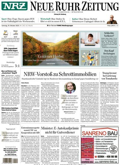 Titelbild der Ausgabe 242/2025 von NRZ Neue Ruhr Zeitung Duisburg. Diese Zeitschrift und viele weitere Zeitungsabos als Abo oder epaper bei United Kiosk online kaufen.