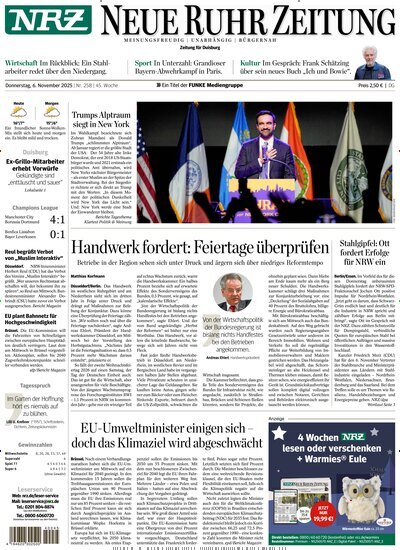 Titelbild der Ausgabe 257/2025 von NRZ Neue Ruhr Zeitung Duisburg. Diese Zeitschrift und viele weitere Zeitungsabos als Abo oder epaper bei United Kiosk online kaufen.