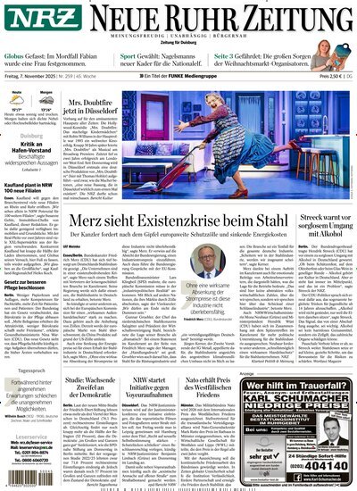Titelbild der Ausgabe 258/2025 von NRZ Neue Ruhr Zeitung Duisburg. Diese Zeitschrift und viele weitere Zeitungsabos als Abo oder epaper bei United Kiosk online kaufen.