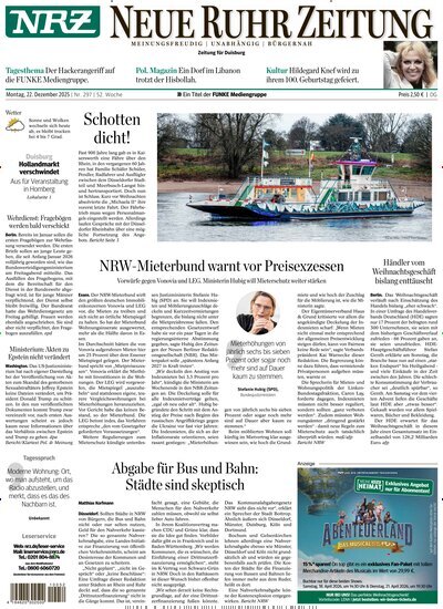 Titelbild der Ausgabe 297/2025 von NRZ Neue Ruhr Zeitung Duisburg. Diese Zeitschrift und viele weitere Zeitungsabos als Abo oder epaper bei United Kiosk online kaufen.