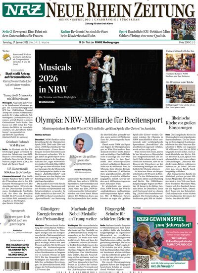 Titelbild der Ausgabe 14/2026 von NRZ Neue Ruhr Zeitung Emmerich Kleve. Diese Zeitschrift und viele weitere Zeitungsabos als Abo oder epaper bei United Kiosk online kaufen.