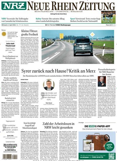 Titelbild der Ausgabe 77/2026 von NRZ Neue Ruhr Zeitung Emmerich Kleve. Diese Zeitschrift und viele weitere Zeitungsabos als Abo oder epaper bei United Kiosk online kaufen.