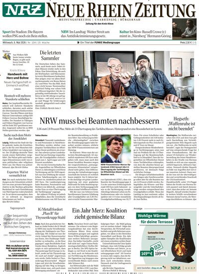 Titelbild der Ausgabe 104/2026 von NRZ Neue Ruhr Zeitung Emmerich Kleve. Diese Zeitschrift und viele weitere Zeitungsabos als Abo oder epaper bei United Kiosk online kaufen.