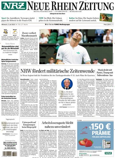 Titelbild der Ausgabe 150/2025 von NRZ Neue Ruhr Zeitung Emmerich Kleve. Diese Zeitschrift und viele weitere Zeitungsabos als Abo oder epaper bei United Kiosk online kaufen.