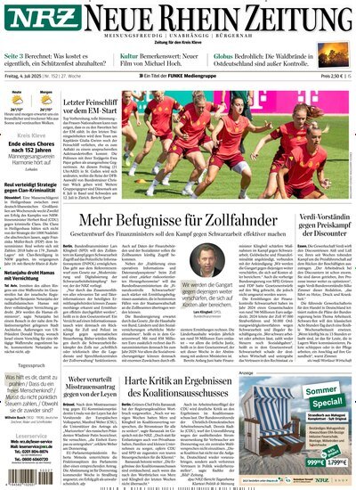 Titelbild der Ausgabe 152/2025 von NRZ Neue Ruhr Zeitung Emmerich Kleve. Diese Zeitschrift und viele weitere Zeitungsabos als Abo oder epaper bei United Kiosk online kaufen.