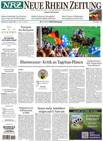 Titelbild der Ausgabe 185/2026 von NRZ Neue Ruhr Zeitung Emmerich Kleve. Diese Zeitschrift und viele weitere Zeitungsabos als Abo oder epaper bei United Kiosk online kaufen.