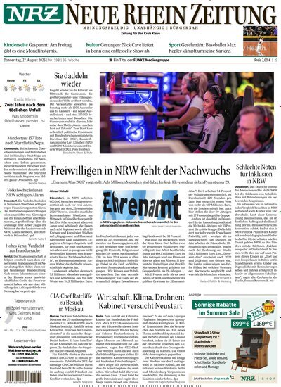 Titelbild der Ausgabe 198/2026 von NRZ Neue Ruhr Zeitung Emmerich Kleve. Diese Zeitschrift und viele weitere Zeitungsabos als Abo oder epaper bei United Kiosk online kaufen.