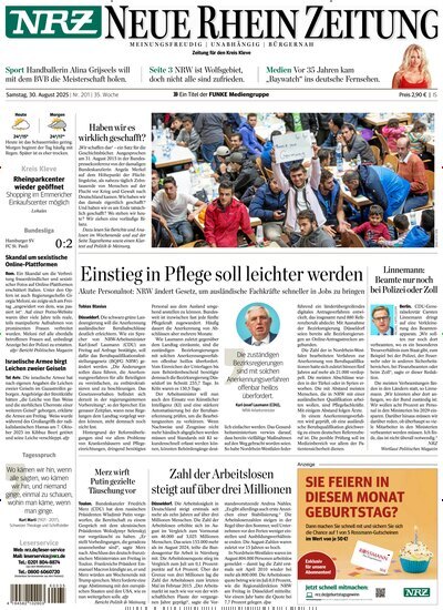 Titelbild der Ausgabe 201/2025 von NRZ Neue Ruhr Zeitung Emmerich Kleve. Diese Zeitschrift und viele weitere Zeitungsabos als Abo oder epaper bei United Kiosk online kaufen.
