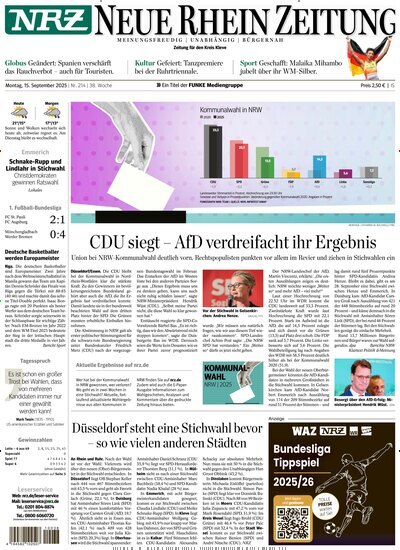 Titelbild der Ausgabe 214/2025 von NRZ Neue Ruhr Zeitung Emmerich Kleve. Diese Zeitschrift und viele weitere Zeitungsabos als Abo oder epaper bei United Kiosk online kaufen.