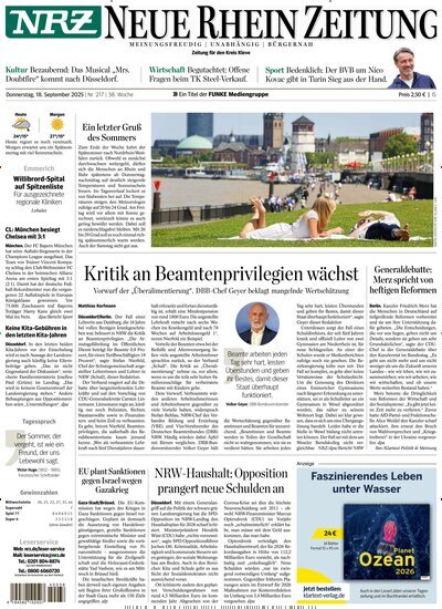 Titelbild der Ausgabe 217/2025 von NRZ Neue Ruhr Zeitung Emmerich Kleve. Diese Zeitschrift und viele weitere Zeitungsabos als Abo oder epaper bei United Kiosk online kaufen.