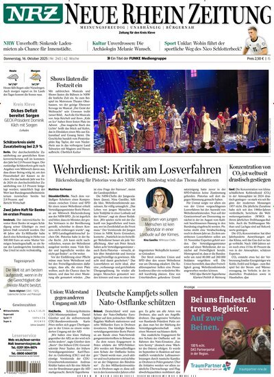 Titelbild der Ausgabe 240/2025 von NRZ Neue Ruhr Zeitung Emmerich Kleve. Diese Zeitschrift und viele weitere Zeitungsabos als Abo oder epaper bei United Kiosk online kaufen.