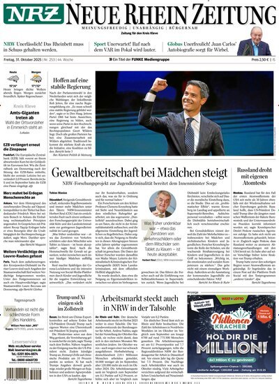 Titelbild der Ausgabe 253/2025 von NRZ Neue Ruhr Zeitung Emmerich Kleve. Diese Zeitschrift und viele weitere Zeitungsabos als Abo oder epaper bei United Kiosk online kaufen.