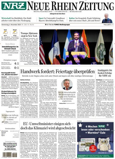 Titelbild der Ausgabe 257/2025 von NRZ Neue Ruhr Zeitung Emmerich Kleve. Diese Zeitschrift und viele weitere Zeitungsabos als Abo oder epaper bei United Kiosk online kaufen.