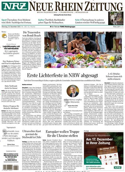 Titelbild der Ausgabe 292/2025 von NRZ Neue Ruhr Zeitung Emmerich Kleve. Diese Zeitschrift und viele weitere Zeitungsabos als Abo oder epaper bei United Kiosk online kaufen.