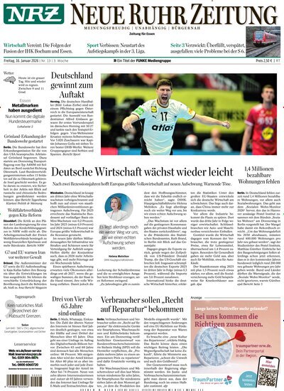 Titelbild der Ausgabe 13/2026 von NRZ Neue Ruhr Zeitung Essen. Diese Zeitschrift und viele weitere Zeitungsabos als Abo oder epaper bei United Kiosk online kaufen.