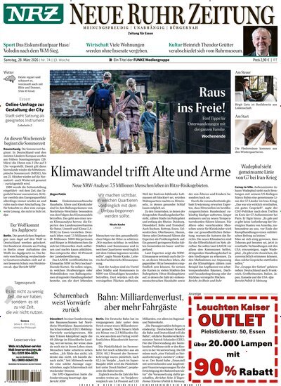 Titelbild der Ausgabe 74/2026 von NRZ Neue Ruhr Zeitung Essen. Diese Zeitschrift und viele weitere Zeitungsabos als Abo oder epaper bei United Kiosk online kaufen.