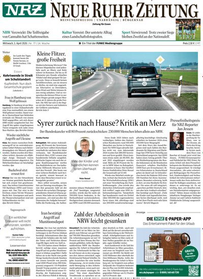 Titelbild der Ausgabe 77/2026 von NRZ Neue Ruhr Zeitung Essen. Diese Zeitschrift und viele weitere Zeitungsabos als Abo oder epaper bei United Kiosk online kaufen.
