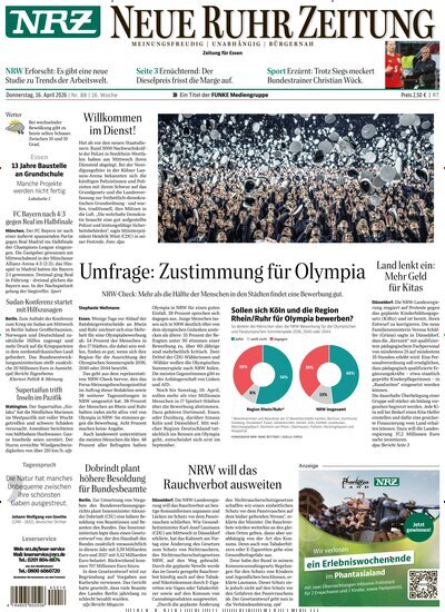 Titelbild der Ausgabe 88/2026 von NRZ Neue Ruhr Zeitung Essen. Diese Zeitschrift und viele weitere Zeitungsabos als Abo oder epaper bei United Kiosk online kaufen.