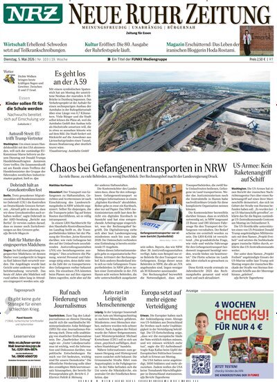 Titelbild der Ausgabe 103/2026 von NRZ Neue Ruhr Zeitung Essen. Diese Zeitschrift und viele weitere Zeitungsabos als Abo oder epaper bei United Kiosk online kaufen.