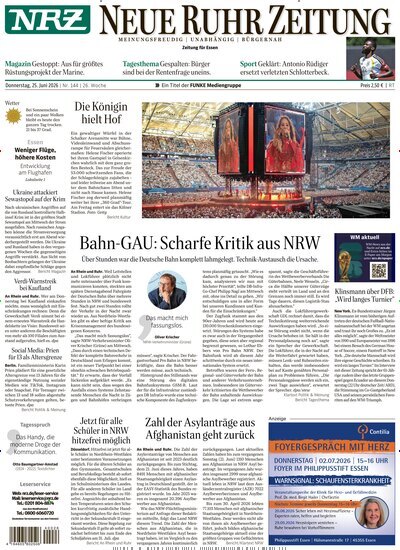 Titelbild der Ausgabe 144/2026 von NRZ Neue Ruhr Zeitung Essen. Diese Zeitschrift und viele weitere Zeitungsabos als Abo oder epaper bei United Kiosk online kaufen.