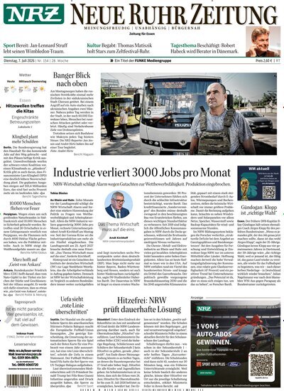 Titelbild der Ausgabe 154/2026 von NRZ Neue Ruhr Zeitung Essen. Diese Zeitschrift und viele weitere Zeitungsabos als Abo oder epaper bei United Kiosk online kaufen.