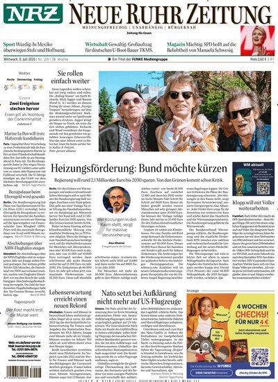Titelbild der Ausgabe 155/2026 von NRZ Neue Ruhr Zeitung Essen. Diese Zeitschrift und viele weitere Zeitungsabos als Abo oder epaper bei United Kiosk online kaufen.