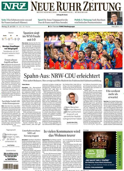 Titelbild der Ausgabe 165/2026 von NRZ Neue Ruhr Zeitung Essen. Diese Zeitschrift und viele weitere Zeitungsabos als Abo oder epaper bei United Kiosk online kaufen.