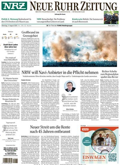 Titelbild der Ausgabe 178/2026 von NRZ Neue Ruhr Zeitung Essen. Diese Zeitschrift und viele weitere Zeitungsabos als Abo oder epaper bei United Kiosk online kaufen.