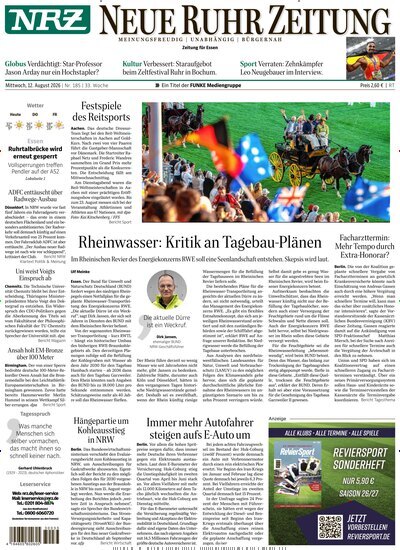 Titelbild der Ausgabe 185/2026 von NRZ Neue Ruhr Zeitung Essen. Diese Zeitschrift und viele weitere Zeitungsabos als Abo oder epaper bei United Kiosk online kaufen.