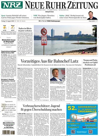 Titelbild der Ausgabe 188/2025 von NRZ Neue Ruhr Zeitung Essen. Diese Zeitschrift und viele weitere Zeitungsabos als Abo oder epaper bei United Kiosk online kaufen.
