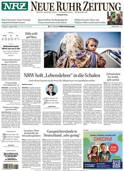 Titelbild der Ausgabe 193/2026 von NRZ Neue Ruhr Zeitung Essen. Diese Zeitschrift und viele weitere Zeitungsabos als Abo oder epaper bei United Kiosk online kaufen.