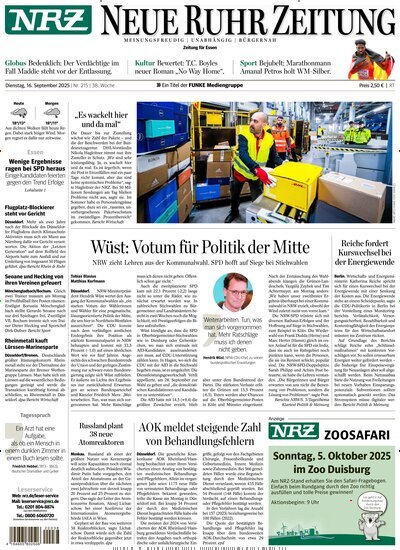 Titelbild der Ausgabe 215/2025 von NRZ Neue Ruhr Zeitung Essen. Diese Zeitschrift und viele weitere Zeitungsabos als Abo oder epaper bei United Kiosk online kaufen.