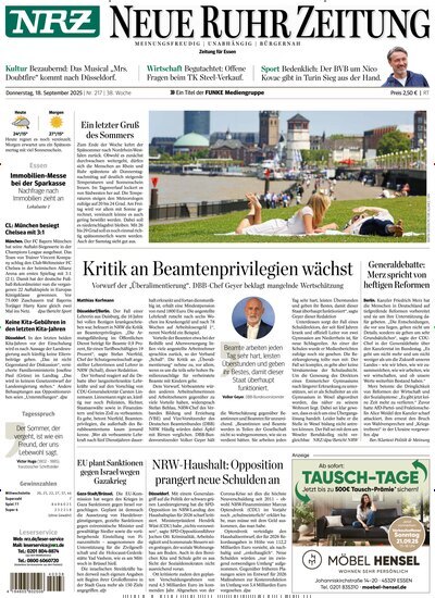 Titelbild der Ausgabe 217/2025 von NRZ Neue Ruhr Zeitung Essen. Diese Zeitschrift und viele weitere Zeitungsabos als Abo oder epaper bei United Kiosk online kaufen.