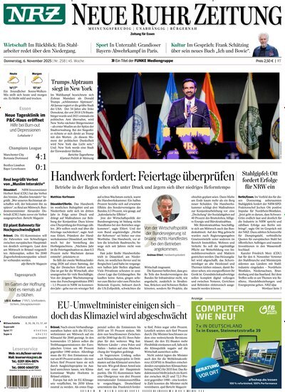 Titelbild der Ausgabe 257/2025 von NRZ Neue Ruhr Zeitung Essen. Diese Zeitschrift und viele weitere Zeitungsabos als Abo oder epaper bei United Kiosk online kaufen.