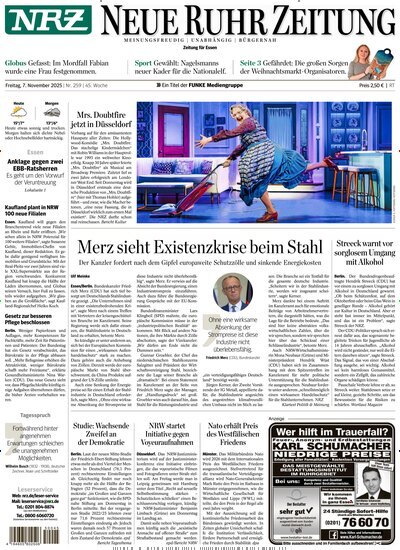 Titelbild der Ausgabe 258/2025 von NRZ Neue Ruhr Zeitung Essen. Diese Zeitschrift und viele weitere Zeitungsabos als Abo oder epaper bei United Kiosk online kaufen.