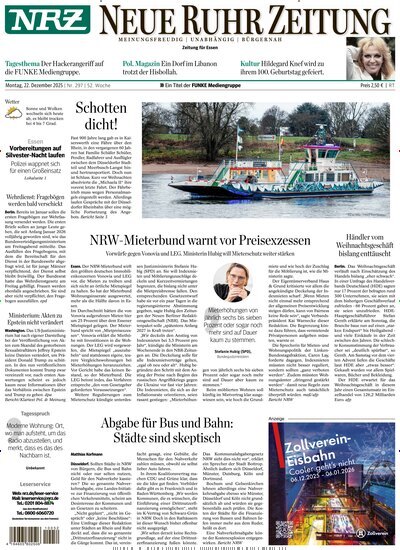 Titelbild der Ausgabe 297/2025 von NRZ Neue Ruhr Zeitung Essen. Diese Zeitschrift und viele weitere Zeitungsabos als Abo oder epaper bei United Kiosk online kaufen.