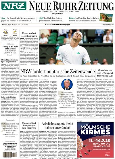 Titelbild der Ausgabe 150/2025 von NRZ Neue Ruhr Zeitung Mühlheim Ruhr. Diese Zeitschrift und viele weitere Zeitungsabos als Abo oder epaper bei United Kiosk online kaufen.