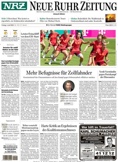 Titelbild der Ausgabe 152/2025 von NRZ Neue Ruhr Zeitung Mühlheim Ruhr. Diese Zeitschrift und viele weitere Zeitungsabos als Abo oder epaper bei United Kiosk online kaufen.