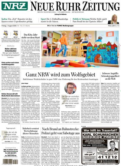 Titelbild der Ausgabe 176/2025 von NRZ Neue Ruhr Zeitung Mühlheim Ruhr. Diese Zeitschrift und viele weitere Zeitungsabos als Abo oder epaper bei United Kiosk online kaufen.
