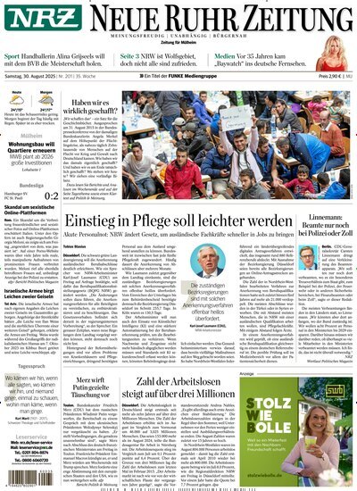 Titelbild der Ausgabe 201/2025 von NRZ Neue Ruhr Zeitung Mühlheim Ruhr. Diese Zeitschrift und viele weitere Zeitungsabos als Abo oder epaper bei United Kiosk online kaufen.