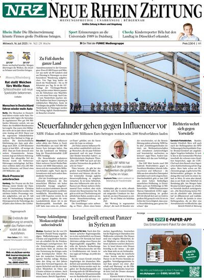 Titelbild der Ausgabe 162/2025 von NRZ Neue Ruhr Zeitung Rheinberg. Diese Zeitschrift und viele weitere Zeitungsabos als Abo oder epaper bei United Kiosk online kaufen.